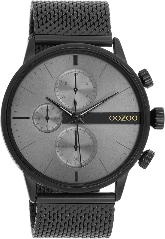 OOZOO Timepieces - Zwarte horloge met zwarte metalen mesh armband - C11104