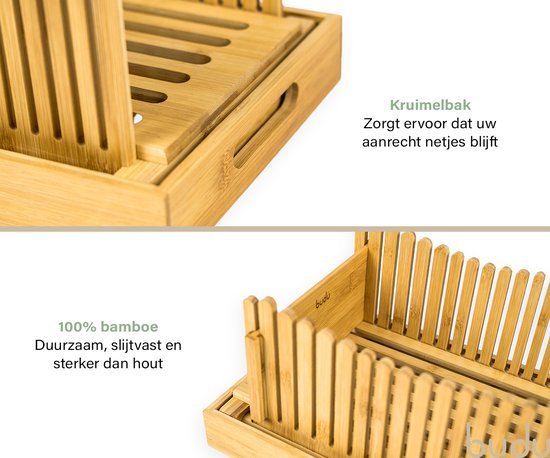 Detailfoto's van Budu broodsnijder: kruimellade en 100% bamboe materiaal.