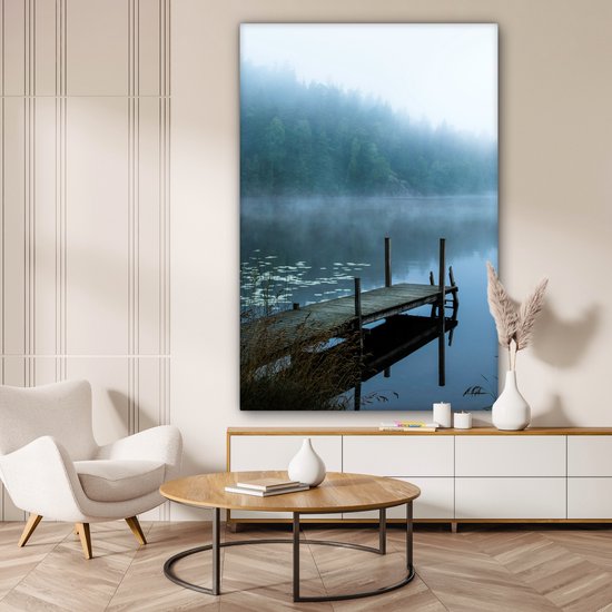 Peinture sur toile - Nature - Lac - Forêt - Brouillard - Photo sur toile - 120x180 cm - Canvasdoek - Décoration murale salon
