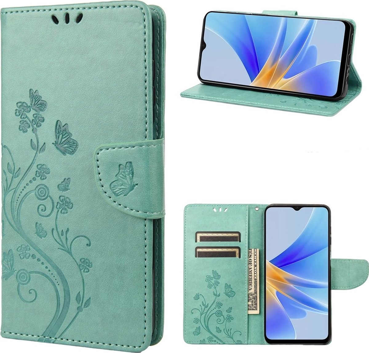 Mobigear Telefoonhoesje geschikt voor OPPO A17 Hoesje | Mobigear Flowers Bookcase Portemonnee | Pasjeshouder voor 3 Pasjes | Telefoonhoesje voor Pinpas / OV Kaart / Rijbewijs - Groen