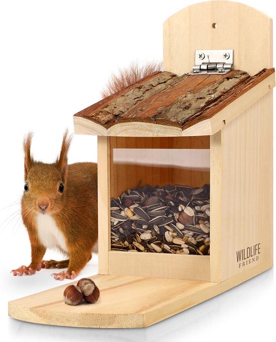 WILDLIFE FRIEND I Mangeoire pour écureuils en bois massif avec toit en écorce - résistant aux intempéries, station d'alimentation pour nourrir les écureuils, mangeoire pour écureuils