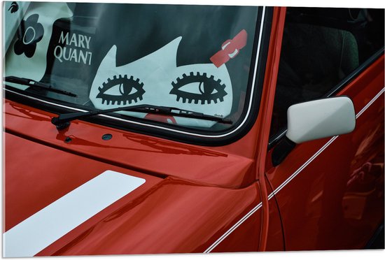 WallClassics - Acrylglas - Stickers op Voorruit van Rode Auto - 90x60 cm Foto op Acrylglas (Met Ophangsysteem)
