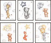Kinderkamer Posters - Dieren met Ballonnen - 6 stuks - 30x40 cm - Poster Set - Kinderposter - Babykamer - Babyshower Cadeau - Wanddecoratie - Muurdecoratie