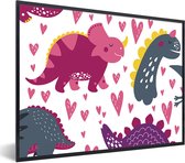 Poster in lijst voor kinderen - Wanddecoratie meisjes - Dino - Hart - Patronen - Roze - Meisjes - Dinosaurus - Decoratie voor kinderkamers - 80x60 cm - Poster kinderkamer