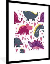 Poster in lijst voor kinderen - Wanddecoratie meisjes - Dino - Hart - Patronen - Roze - Meisjes - Dinosaurus - Decoratie voor kinderkamers - 60x80 cm - Poster kinderkamer