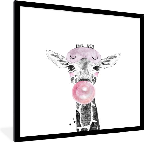 Poster in fotolijst kind - Decoratie voor kinderkamers - Giraffe - Kauwgom - Roze - Slaapmasker - Kinderen - Meisjes - 40x40 cm - Decoratie kinderkamers