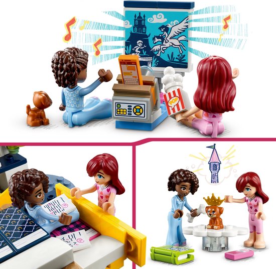 Drie afbeeldingen van de Lego Friends speelset: filmavond, bij het bed en een hondje met kroon.