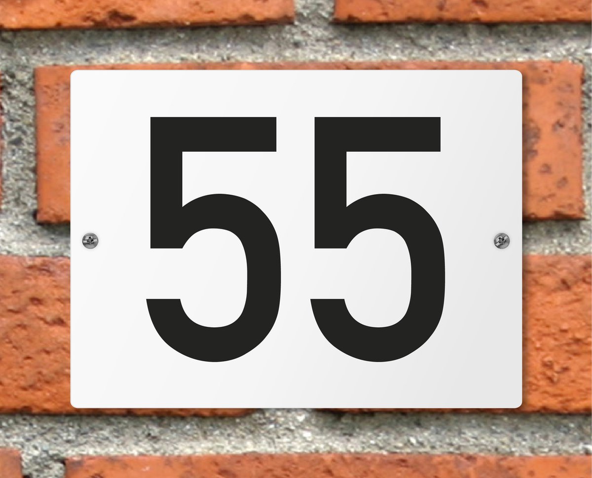 Huisnummerbord wit - Nummer 55 - standaard - 16 x 12 cm - schroeven - naambord - nummerbord - voordeur