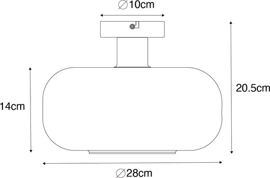 Technische tekening van een ronde amberkleurige glazen plafondlamp met afmetingen.