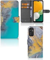 Flip Case Geschikt voor Samsung Galaxy A14 5G Hoesje Marble Blue Gold