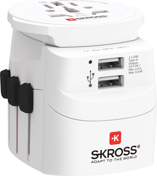 Witte SKROSS wereldadapter met 2x USB-poorten (5V DC/ 2.4A, Max. 12.0W) en uitschuifbare stekkers.