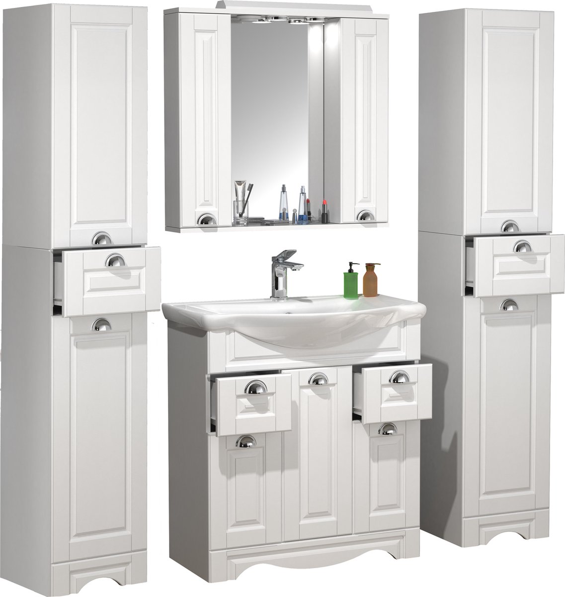 VCM 5-tlg. Waschplatz Waschtisch Breite 75 cm Badmöbel Set Waschbecken Spiegelschrank Hochschrank Landhaus Schublade Casalo XL