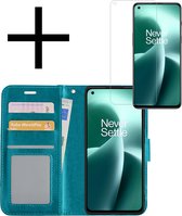 Hoes Geschikt voor OnePlus Nord 2T Hoesje Book Case Hoes Flip Cover Wallet Bookcase Met Screenprotector - Turquoise