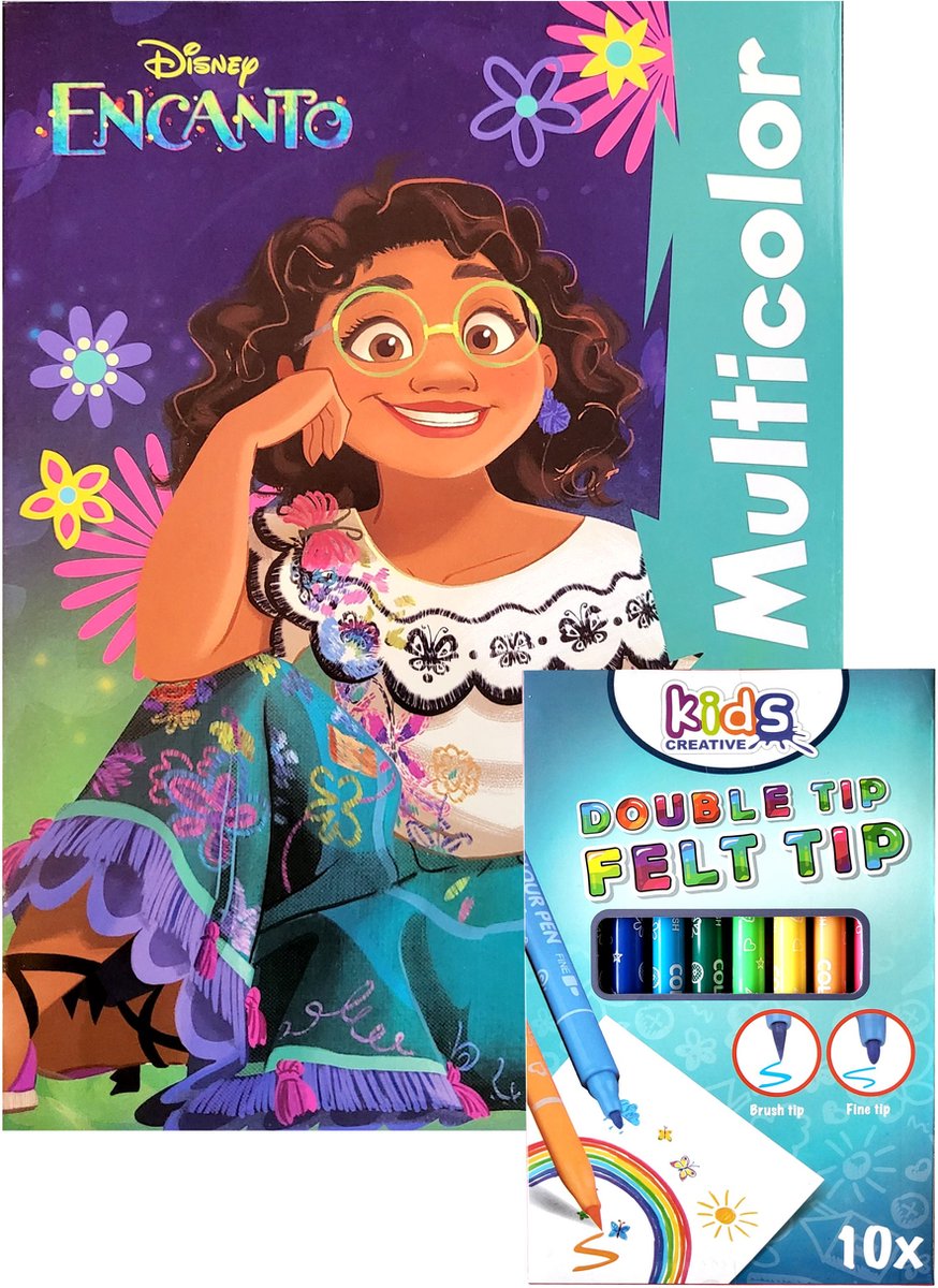 Disney Encanto - Kleurboek met 17 kleurplaten en 17 illustraties in kleur - blauw - 10 dubbelpunt stiften - Mirabel - kado - cadeau
