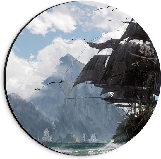 WallClassics - Dibond Muurcirkel - Bergen met Piratenschip - 20x20 cm Foto op Aluminium Muurcirkel (met ophangsysteem)