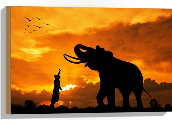 Hout - Silhouet van Olifant met Persoon en Vogels in Afrika - 60x40 cm - 9 mm dik - Foto op Hout (Met Ophangsysteem)