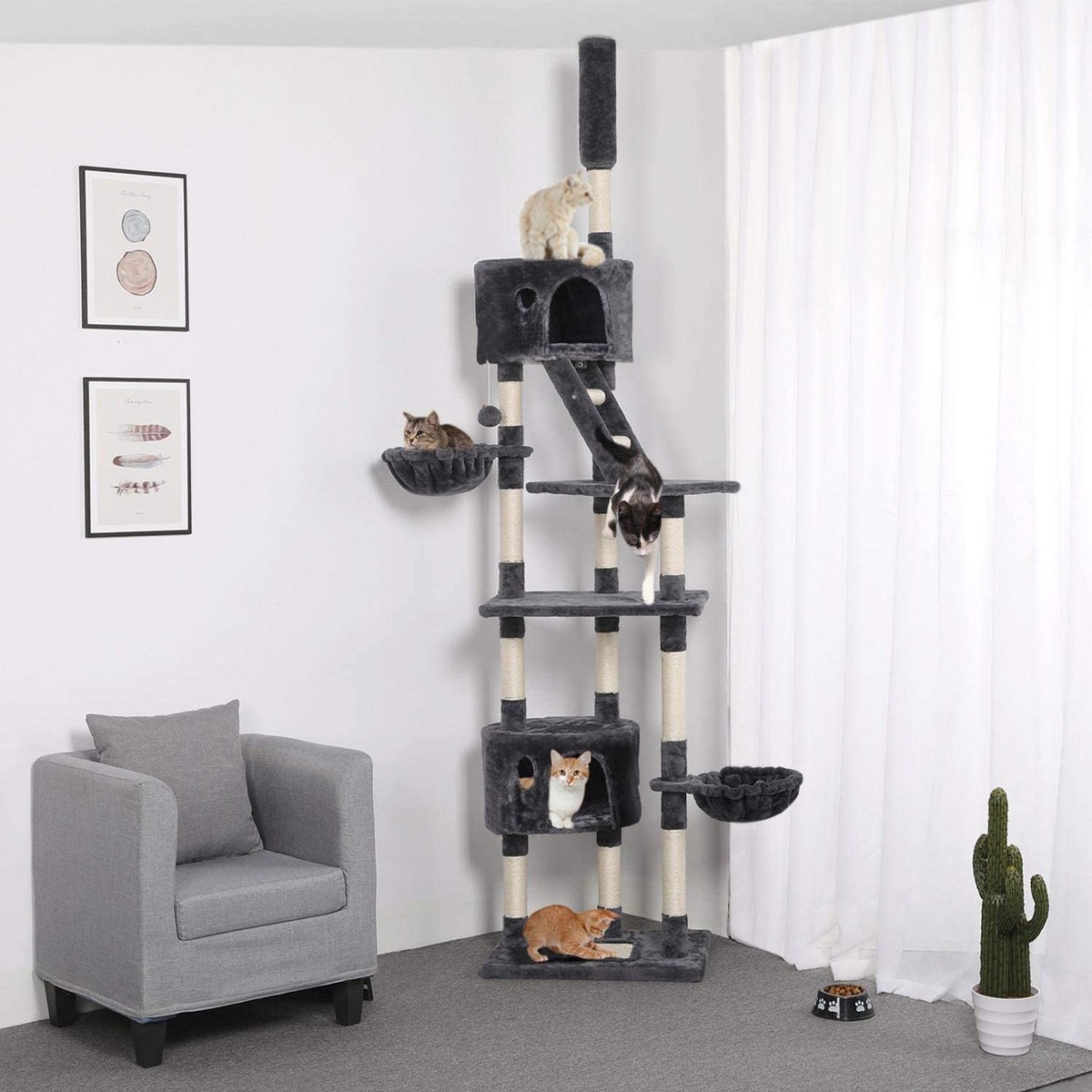 Krabpaal XXL, klimboom voor katten - plafondhoogte, verstelbaar van 228-255 cm, grijs HM-YAHEE-610837
