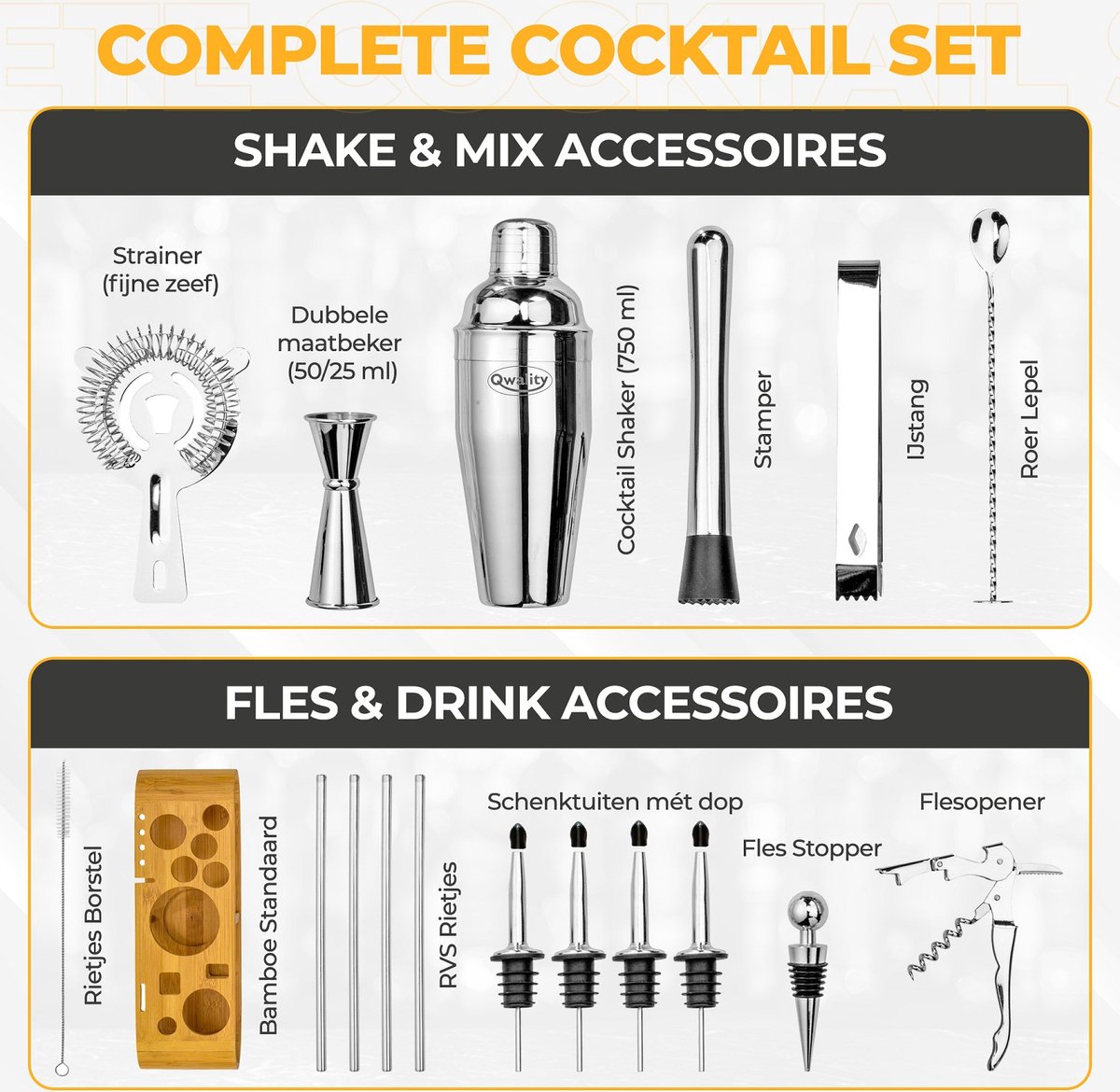 Luxe Cocktail Set - 18 delig (750ml) - Cocktail Shaker Set - Recepten E-book - Valentijn - Luxe Cadeau Man Vrouw Shaker Set – Zilverkleurig – Qwality® — cadeau in Kookcadeaus - foto 4