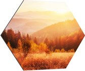 Dibond Hexagon - De Zon boven een Berglandschap - 70x60.9 cm Foto op Hexagon (Met Ophangsysteem)