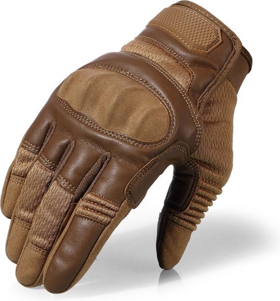 RAMBUX® - Motorhandschoenen - Bruin - Ademend PU Leer - Maat L - Tactical Handschoenen - Motor - Airsoft - Touchscreen - Bescherming