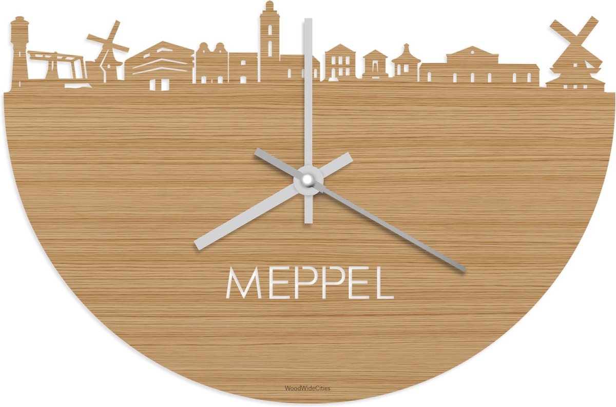 Skyline Klok Meppel Bamboe hout - Ø 40 cm - Stil uurwerk - Wanddecoratie - Meer steden beschikbaar - Woonkamer idee - Woondecoratie - City Art - Steden kunst - Cadeau voor hem - Cadeau voor haar - Jubileum - Trouwerij - Housewarming - WoodWideCities