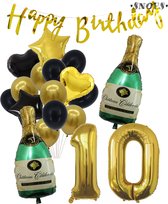 10 Jaar Verjaardag Cijferballon 10 - Feestpakket Snoes Ballonnen Pop The Bottles - Zwart Goud Groen Versiering