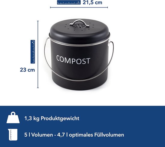 Compostemmer keuken, 5 liter, hoogwaardige vuilnisemmer, afvalemmer