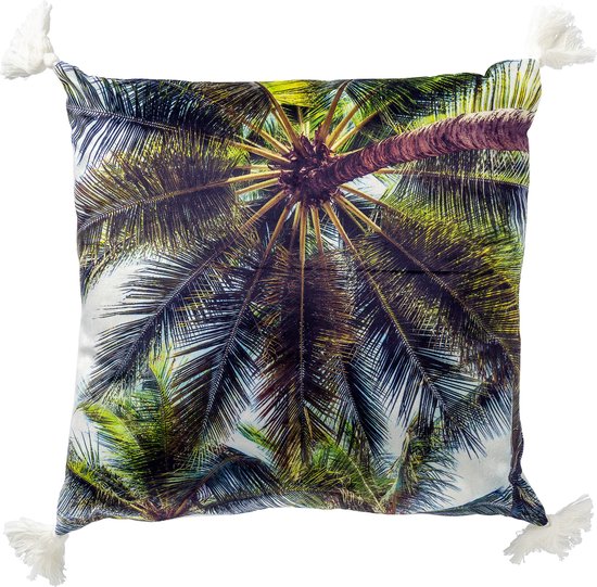 Sierkussenhoes met palmboomprint van onderaf gezien, met witte kwastjes.