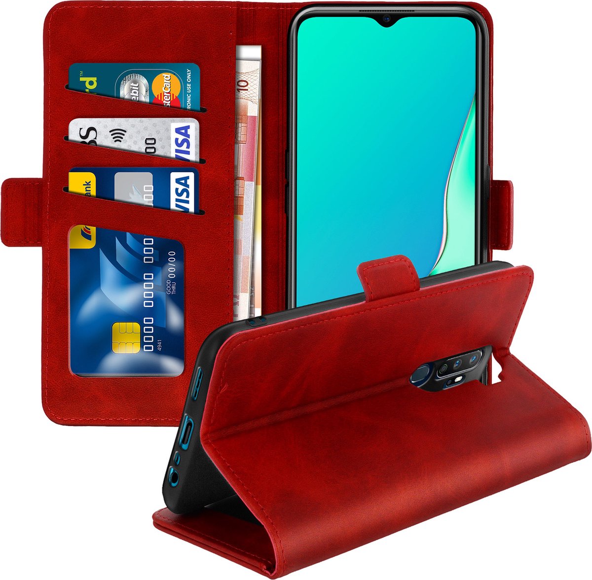 Geschikt voor Oppo A9 2020/Oppo A5 2020 Wallet Case Video-ondersteuningsfunctie rood