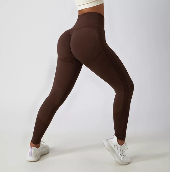 Sportchic - Legging sport femme - Taille haute - Bande élastique - Squatproof - Anti-transpiration - Vêtements de sport femme - Booty Scrunch - Marron - L