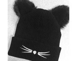 Warme muts met katten oortjes / neus - zwart Image