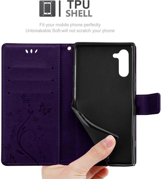 Coque Cadorabo pour Samsung Galaxy NOTE 10 en VIOLET FONCÉ FLORAL - Coque de protection à motif floral avec fermeture magnétique, fonction support et fentes pour cartes