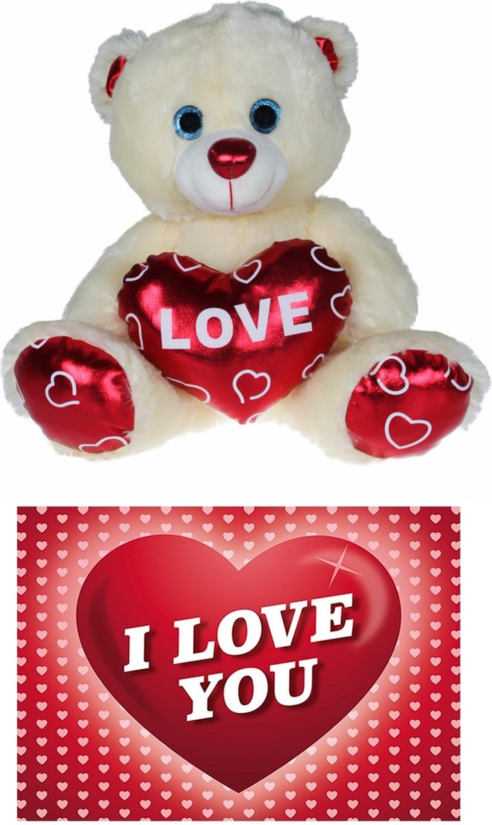 Pluche knuffelbeer 20 cm met wit/rood Valentijn Love hartje incl. hartjes wenskaart