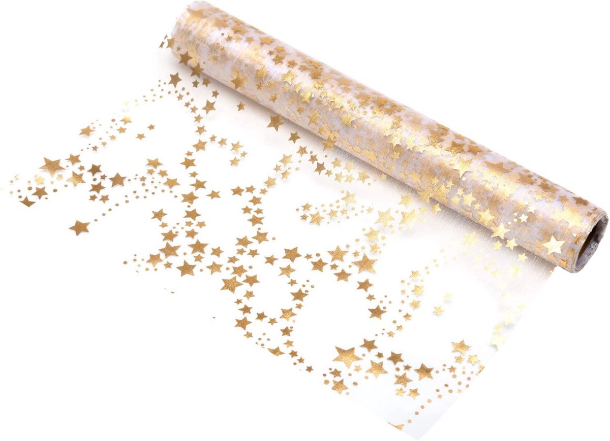 100%Mosel tafelloper met sterren in het goud/metallic (28 cm x 5 m), organza.stof, elegante tafeldecoratie voor Kerstmis en adventsperiode, feestelijke decoratie voor speciale gelegenheden