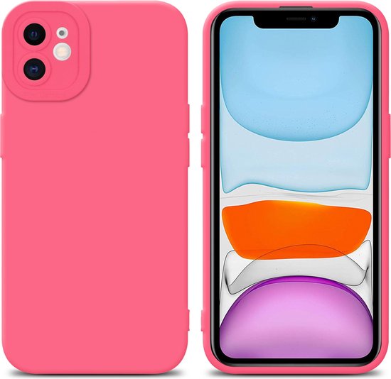Coque rose pour iPhone 11, face avant et arrière, avec découpe double caméra.