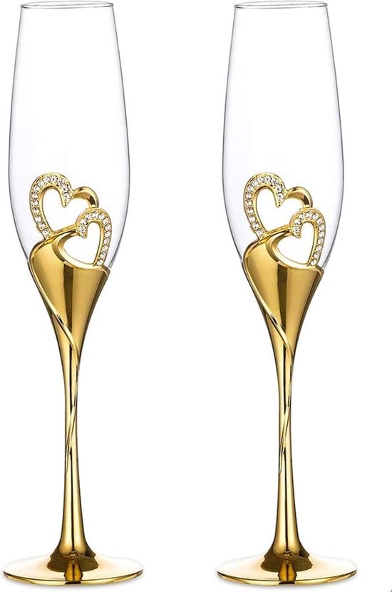2-delige creatieve champagne glas set bruiloft kristallen bril hart vorm bruiloft champagne cadeau gesneden bril Gold Champagne Glasses 1# Transparant