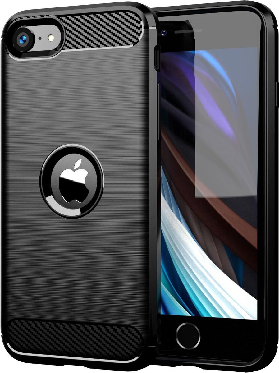 Cadorabo Hoesje geschikt voor Apple iPhone SE 2020 in Brushed Zwart - Beschermhoes van flexibel TPU siliconen in roestvrij staal-carbonvezel look Case Cover