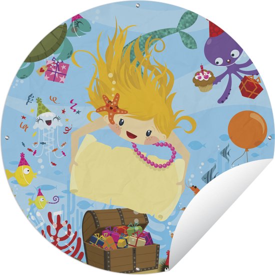 Tuincirkel Illustratie van een zeemeermin met een schatkist - 60x60 cm - Ronde Tuinposter - Buiten