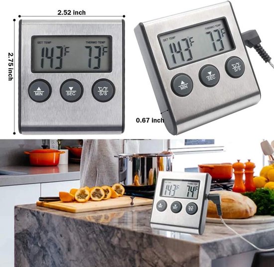 DOWO® - Vleesthermometer - BBQ Thermometer - Keukenthermometer - Oventhermometer - 0-250 Graden Celcius - 2 In 1 Digitale Professionele Thermometer En Wekker - DOWO®