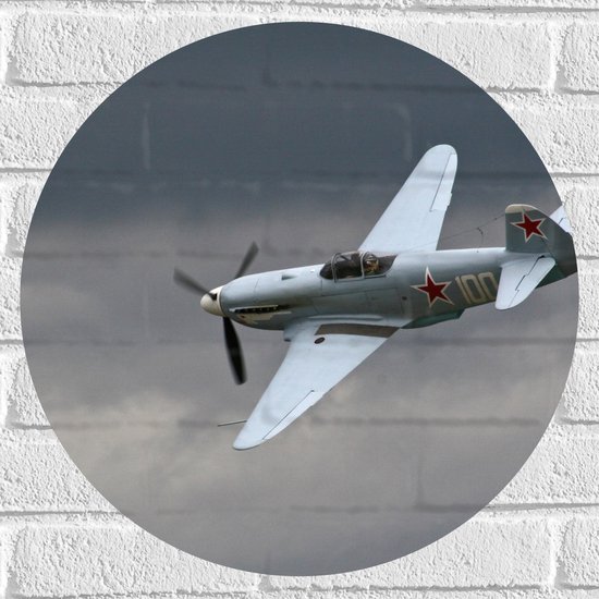 WallClassics - Muursticker Cirkel - Wit Vliegtuigje bij Donkere Wolken - 50x50 cm Foto op Muursticker