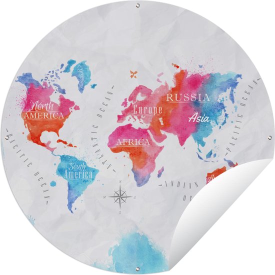Tuincirkel Wereldkaart - Kleuren - Waterverf - 60x60 cm - Ronde Tuinposter - Buiten