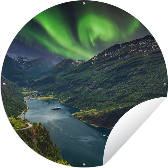 Garden Circle Northern Lights - Berg - Bateau - Norvège - 120x120 cm - Affiche de Jardin Ronde - Extérieur - XXL.