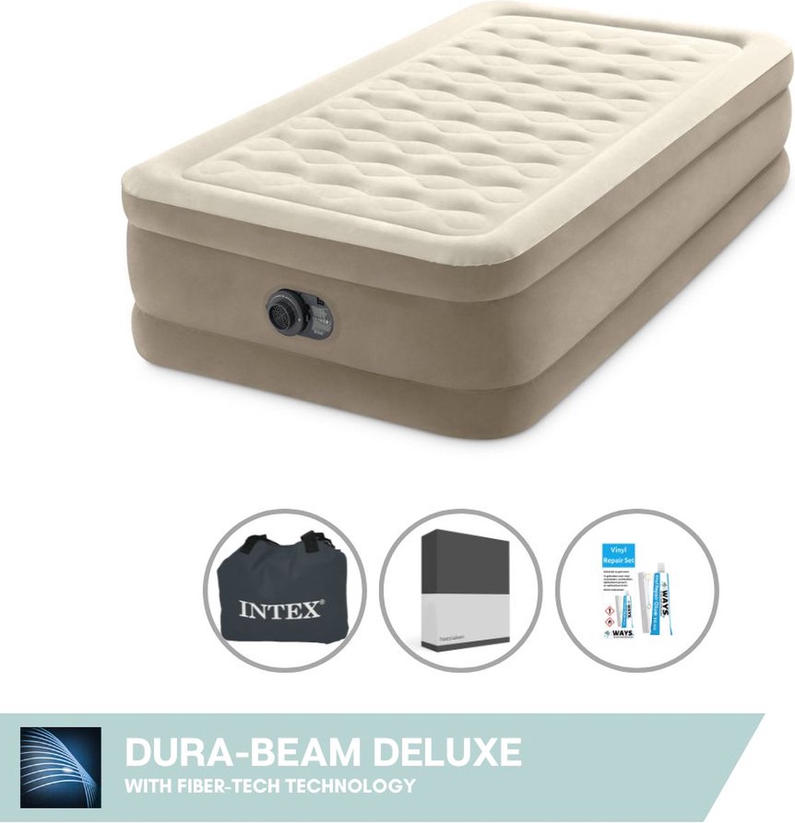 Intex Luchtbed - 1-Persoons - 99 x 191 x 46 cm - Beige - Met ingebouwde pomp Hoeslaken Zwart en Reparatieset