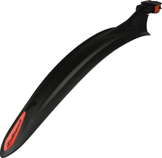 Een zwart, gebogen fietsspatbord met oranje 'Polisport'-logo.