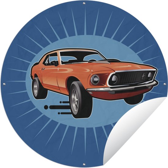 Tuincirkel Illustratie van een rode Mustang voor een blauwe achtergrond - 120x120 cm - Ronde Tuinposter - Buiten XXL / Groot formaat!