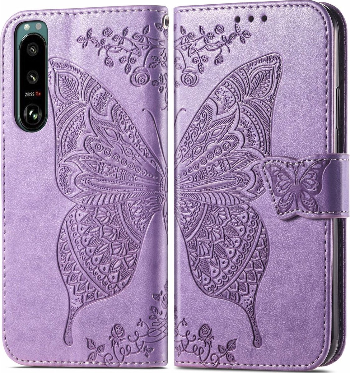 Mobigear Telefoonhoesje geschikt voor Sony Xperia 5 IV Hoesje | Mobigear Butterfly Bookcase Portemonnee | Pasjeshouder voor 3 Pasjes | Telefoonhoesje voor Pinpas / OV Kaart / Rijbewijs - Paars