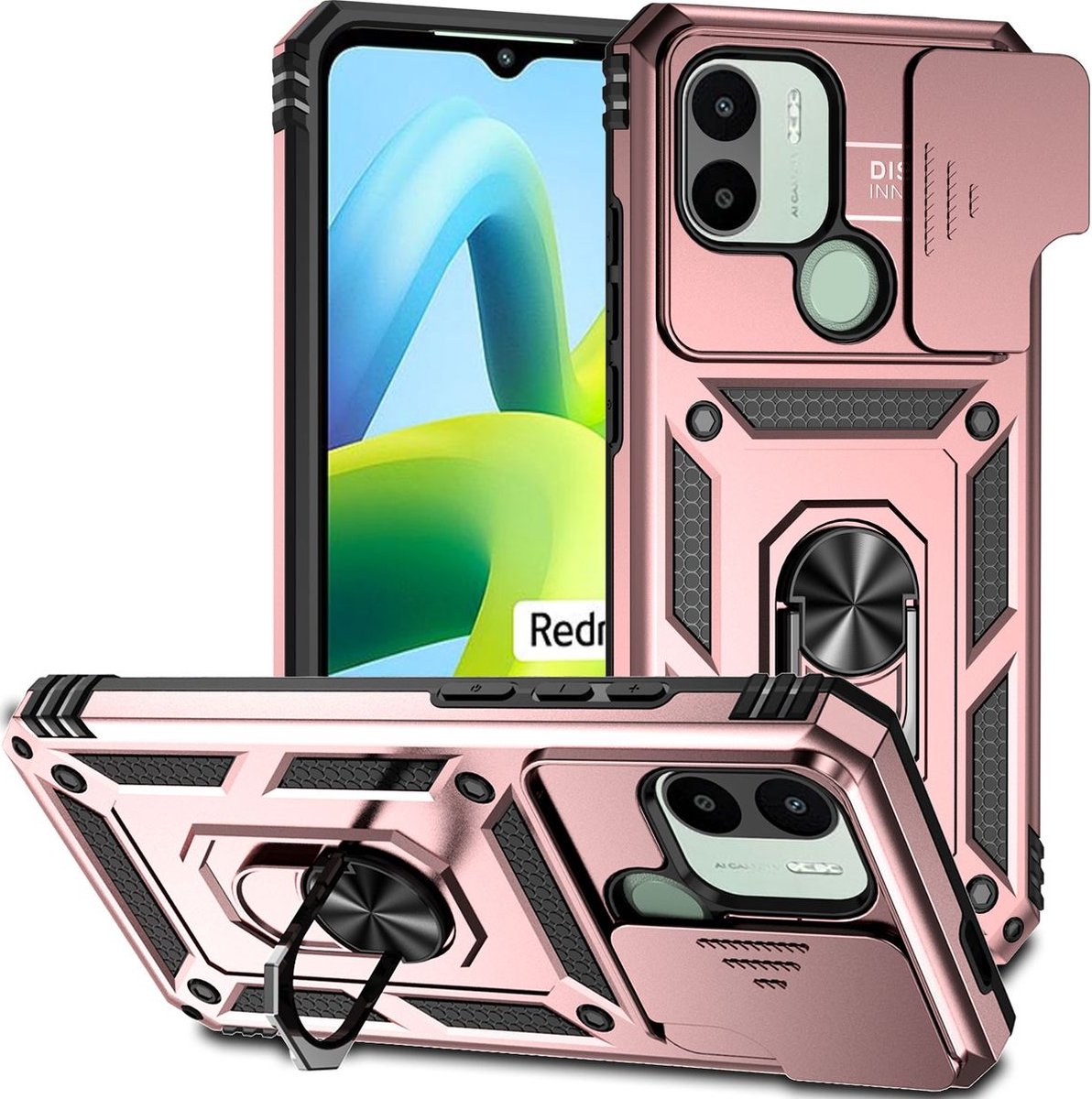 Mobigear Hoesje geschikt voor Xiaomi Redmi A1 4G Telefoonhoesje Hardcase | Mobigear Armor Ring Cam Slide Backcover Shockproof met Ringhouder en Camera Slider | Schokbestendig Redmi A1 4G Telefoonhoesje | Anti Shock Proof - Roségoud