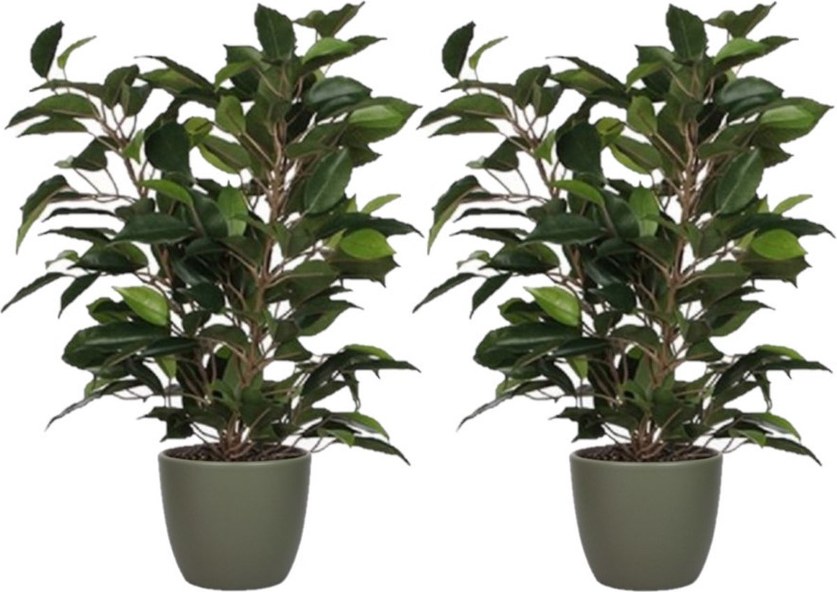 Mica Decorations 2x stuks groene ficus kunstplant 40 cm met plantenpot dennengroen D13.5 en H12.5 cm Legergroen