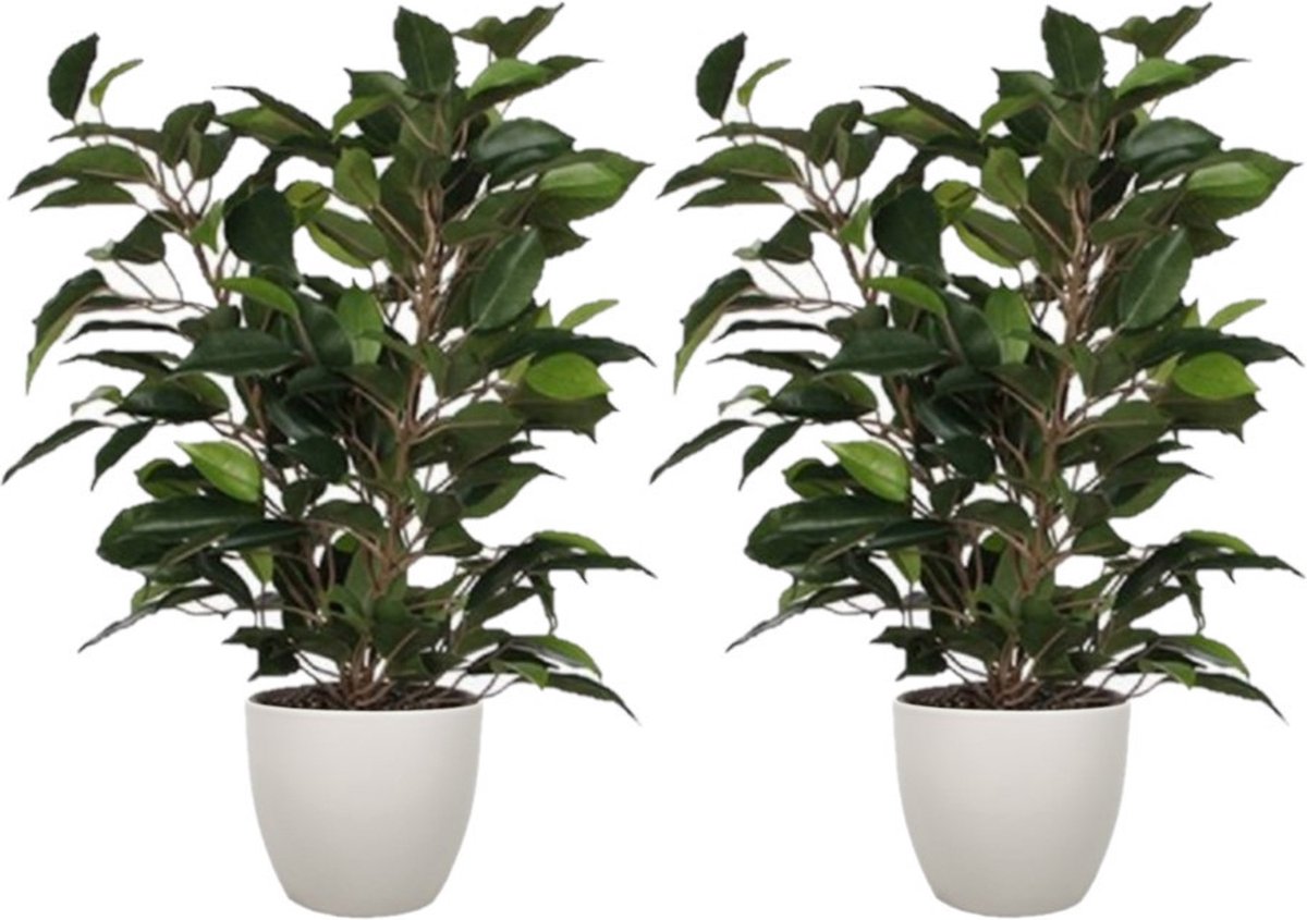Mica Decorations 2x stuks groene ficus kunstplant 40 cm met plantenpot taupe D13.5 en H12.5 cm