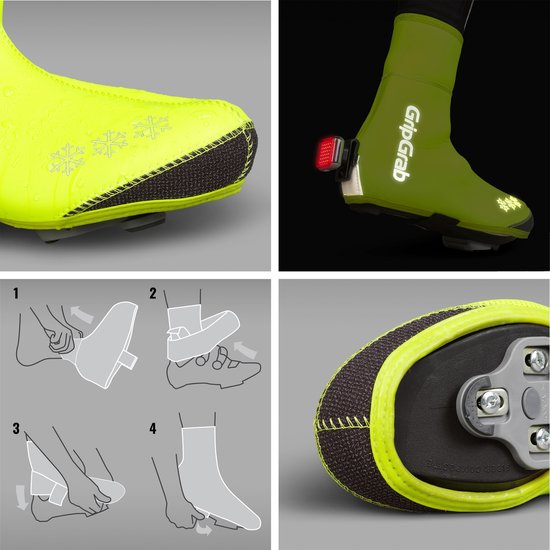Collage met vier beelden van fluorescerend gele fietsoverschoenen: detail van natte overschoen, overschoen met achterlicht, instructies voor het aantrekken, en de zool met kliksysteem.